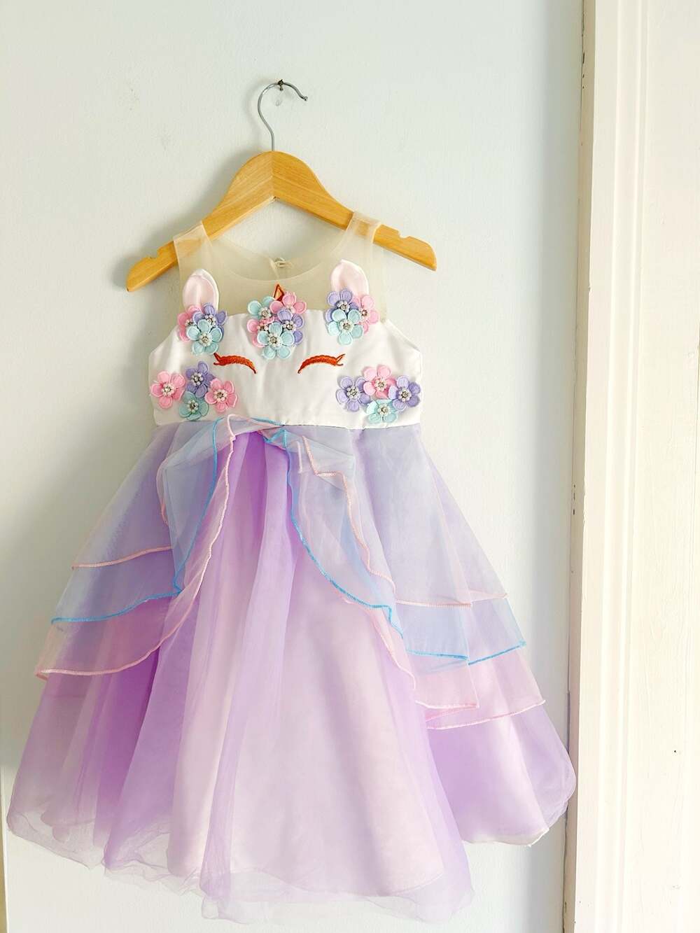 Girls Unicorn Princess Party Dress Purple Tulle Flower Applique Pageant Costume